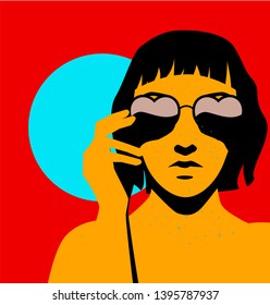 Fashion woman with bob haircut on red background wearing heart-shaped sunglasses. Retrowave/ Vaporwave Zine Culture Comic style, print for t-shirt, notebook, poster, cover. 