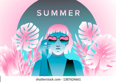 Fashion woman with bob haircut and pale freckled skin on palm tree background wearing heart shaped sunglasses, fashion retrowave/ synthwave 80s-90s style vector illustration.