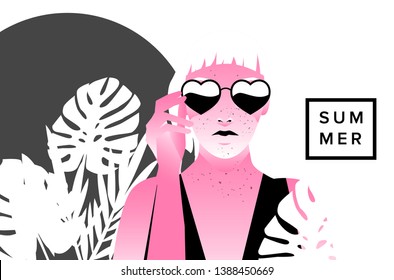 Fashion woman with bob haircut and pale freckled skin on palm tree background wearing heart shaped sunglasses, fashion retrowave/ synthwave 80s-90s style vector illustration.