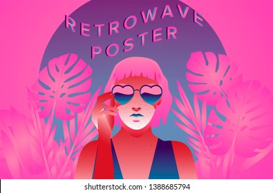 Fashion woman with bob haircut and pale freckled skin on palm tree background wearing heart shaped sunglasses, fashion retrowave/ synthwave 80s-90s style vector illustration.