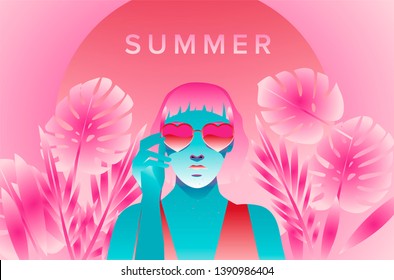 Fashion woman with bob haircut and pale freckled skin on palm tree background wearing heart shaped sunglasses, fashion retrowave/ synthwave 80s-90s style vector illustration.