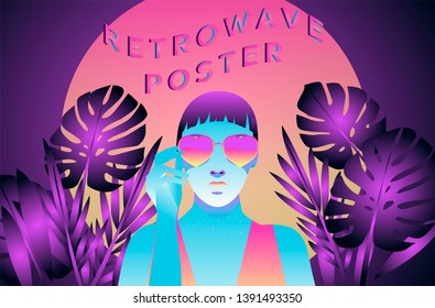 Fashion woman with bob haircut and pale freckled skin on palm tree background wearing heart shaped sunglasses, fashion retrowave/ synthwave 80s-90s style vector illustration.