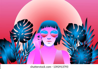Fashion woman with bob haircut and pale freckled skin on palm tree background wearing heart shaped sunglasses, fashion retrowave/ synthwave 80s-90s style vector illustration.