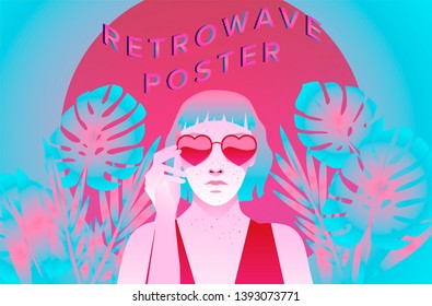 Fashion woman with bob haircut and pale freckled skin on palm tree background wearing heart shaped sunglasses, fashion retrowave/ synthwave 80s-90s style vector illustration.