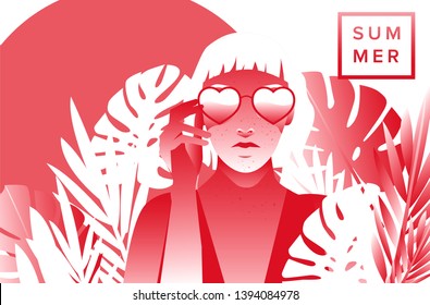 Fashion woman with bob haircut and pale freckled skin on palm tree background wearing heart shaped sunglasses, fashion retrowave/ synthwave 80s-90s style vector illustration.