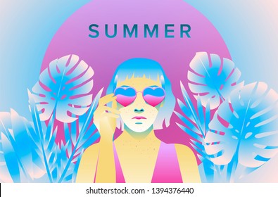 Fashion woman with bob haircut and pale freckled skin on palm tree background wearing heart shaped sunglasses, fashion retrowave/ synthwave 80s-90s style vector illustration.