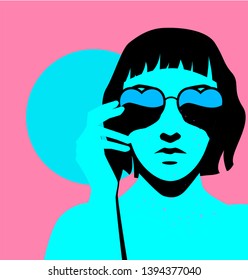 Fashion woman with bob haircut wearing heart-shaped sunglasses. Retrowave/ Vaporwave Zine Culture Comic style, print for t-shirt, notebook, poster, cover. 