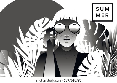 Fashion woman with bob haircut wearing heart-shaped sunglasses. Retrowave/ Vaporwave Zine Culture Comic style, print for t-shirt, notebook, poster, cover. 