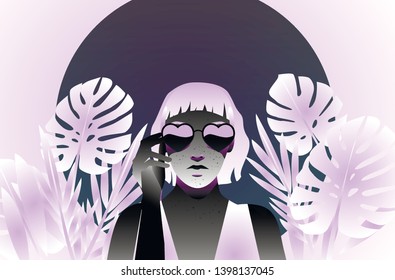 Fashion woman with bob haircut wearing heart-shaped sunglasses. Retrowave/ Vaporwave Zine Culture Comic style, print for t-shirt, notebook, poster, cover. 