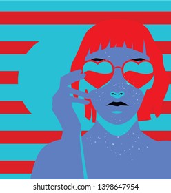 Fashion woman with bob haircut wearing heart-shaped sunglasses. Retrowave/ Vaporwave Zine Culture Comic style, print for t-shirt, notebook, poster, cover. 