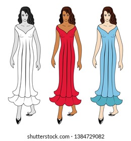 Fashion woman body full length template figure silhouette in dress or nightgown front view, colored and black white vector illustration isolated on background