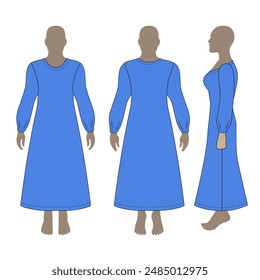 Fashion Woman Body in voller Länge vorne, hinten, Seitenansicht Vorlage Figur Silhouette im Kleid oder Nachthemd, farbige Vektorillustration isoliert auf Hintergrund