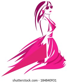 Fashion woman in bright pink dress modern art vector design