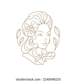Fashion woman bust Greek antique goddess silhouette with decorative butterfly and branches hairstyle vector illustration. Female monument beautiful face hand drawn line art icon isolated on white