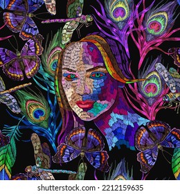 Fashion woman, butterflies and colorful peacock feathers. Embroidery. Face of wild nature. Horizontal seamless pattern. Fashion template for clothes, textiles, t-shirt design