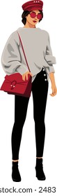 Fashion woman in casual outfit wearing cap and sunglasses and holding purse full length realistic vector illustration 