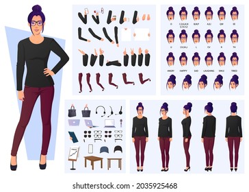 Fashion Woman Character Design Set, Front, side, back view, Poses, And Gestures Flat Design