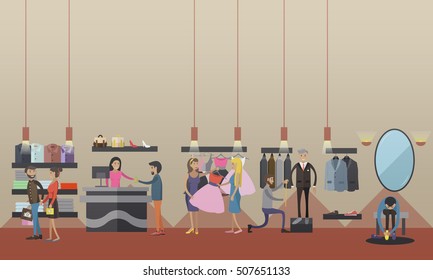 Fashion woman clothes store interior. Vector illustration. Design elements and banners in flat style. People shopping in a mall concept.