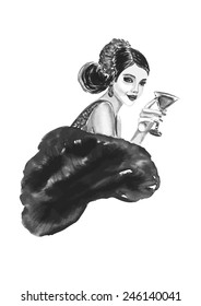 Fashion woman with cocktail  in black and white color