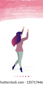 Fashion Woman Collection Flat Vector Illustration. Banner landing Page Watercolor Stain Color. Bright Woman with in Casual Stylish Clothes Gesturing, Rear View. Make-up and Garment.