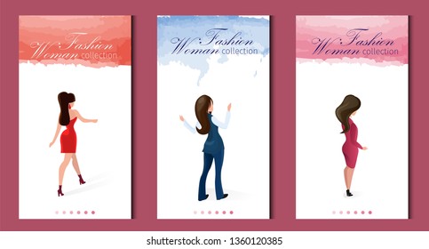 Fashion Woman Collection Vector Illustration. Set Gorgeous Girls Model Appearance Demonstrate Event Clothes for Parties and Workspace. Vertical Flat Banner, Lettering on Landing Page.