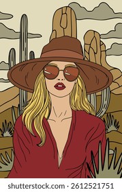 Fashion woman cowboy wild west poster. Cowgirl on western landscape background
