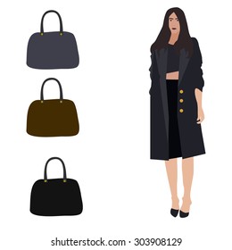 fashion woman with different bags. vector illustration