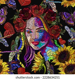 Mujer de moda, libélulas, mariposas, corazones rojos y girasoles. Bordados. Cara de naturaleza salvaje. Patrón sin foco. Plantilla para ropa, textiles, diseño de camisetas