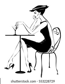 Fashion woman drinking martini in cafe, vector illustration background