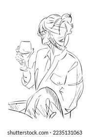 Fashion woman drinks wine in cafe, abstract portrait, line art, quick sketch, vector fashion illustration, girl beauty minimalist, vector illustration