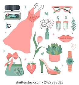 Fashion woman elements set. Dress and women's accessories. Elegance Fashion concept. Pink pastel colors. Spring mood icons bag, earrings, watch, lips, flowers. Vector flat illustration. Stickers set.