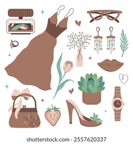 Fashion woman elements set. Dress and accessories. Elegance Fashion concept. Demonstrating colors of 2025 Mousse. Spring mood icons bag, earrings, watch, lips, flowers. Vector flat illustration.