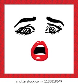 Fashion woman emoticon: fearful. Hand drawn emoji, smile or face expression, emotion character. Isolated illustration on white background in fashion red wooden frame.