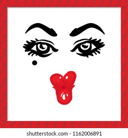 Fashion woman emoticon: kiss. Hand drawn emoji, smile or face expression, emotion character. Isolated illustration on white background in fashion red wooden frame.