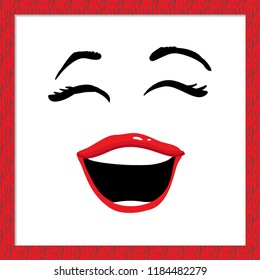 Fashion woman emoticon: laugh. Hand drawn emoji, smile or face expression, emotion character. Isolated illustration on white background in fashion red wooden frame.