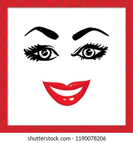 Fashion woman emoticon: smile. Hand drawn emoji, smile or face expression, emotion character. Isolated illustration on white background in fashion red wooden frame.
