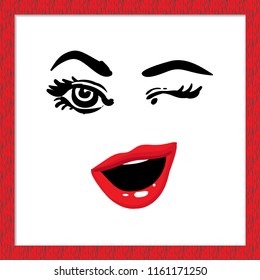 Fashion woman emoticon: wink. Hand drawn emoji, smile or face expression, emotion character. Isolated illustration on white background in fashion red wooden frame.