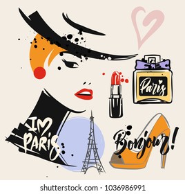 Fashion woman face and fashion accessories. Vector