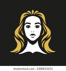 Fashion woman face golden hair style beauty portrait elegant lady silhouette logo vector flat illustration. Beautiful female head minimalist art symbol for makeup artist profile skin care cosmetology