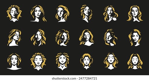 Fashion woman face shadow silhouette with golden face logo for makeup cosmetic set vector flat illustration. Beauty young blonde female face minimalist icon for t shirt print or poster