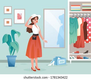 Fashion woman flat vector illustration. Cartoon young female character standing by mirror, lady dressing in fashionable dress clothes in dressroom interior background