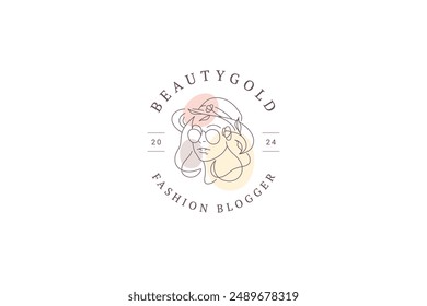 Fashion woman flower watercolor pastel blob continuous line logo design template vector illustration. Female in sunglasses and hat portrait hand drawn logotype vogue studio makeup artist cosmetology