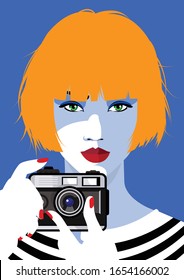 Fashion woman with foto camera on blue background. Vector illustration.
