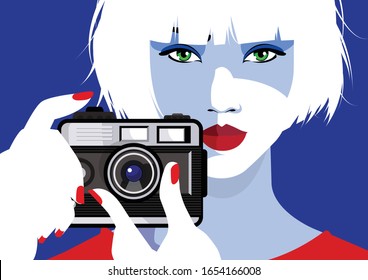 Fashion woman with foto camera on blue background. Vector illustration.
