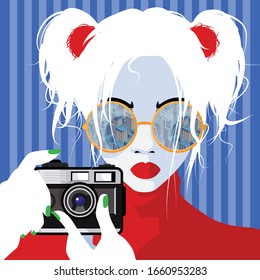 Fashion woman with foto camera on blue background. Vector illustration.