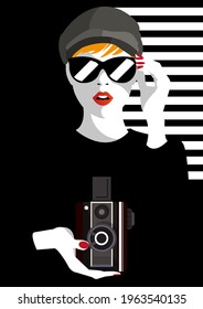 Fashion woman with foto camera in style Pop art. Vector illustration