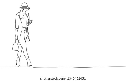 Fashion woman is going with phone one line continuous vector illustration. Concept of fashion banner. Line art, outline hand draw illustration.