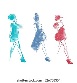 Fashion Woman Group Sketch Colorful Dress Design Set Vector Illustration