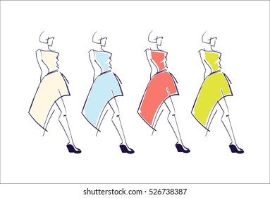 Fashion Woman Group Sketch Colorful Dress Design Set Vector Illustration