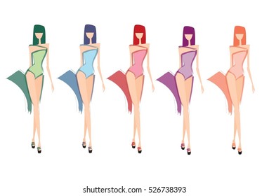 Fashion Woman Group Sketch Colorful Dress Design Set Vector Illustration